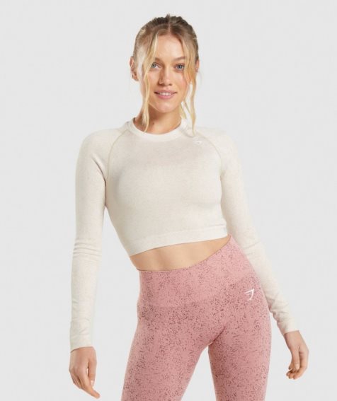 Women's Gymshark Adapt Fleck Seamless Long Sleeve Cropped Tops White | NZ 8NTHUQ